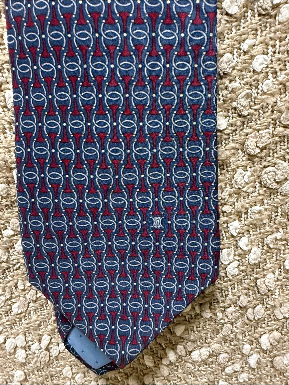Celine Navy Blue and Burgundy Interlocking Pattern Silk Tie